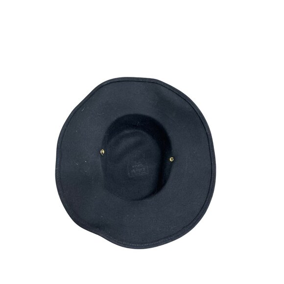 Black Wool Wide-Brim Fedora Hat With Red Floral Embellishment